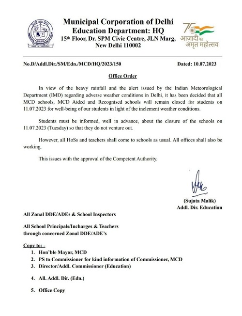 Delhi MCD Schools Closed